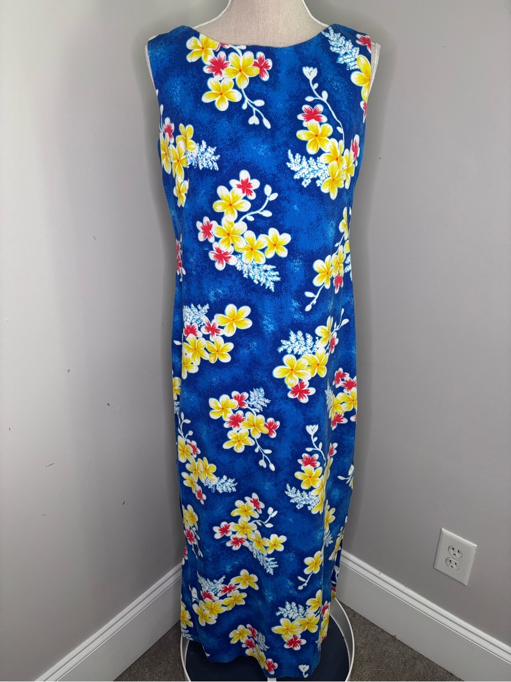 Hukilau Fashions vintage Hawaiian maxi sheath dress blue yellow floral Medium